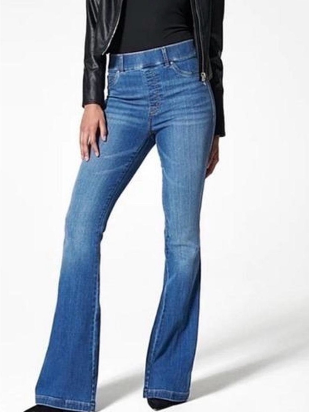 SPANX Flared Jeans High Rise Stretch Size M Tall 34” Vintage Indigo Blue Color